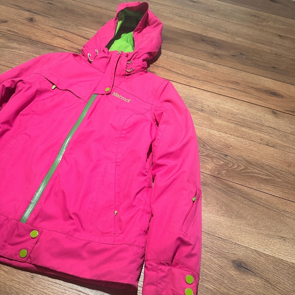 Marmot Pink Green MemBrain Waterproof Hooded Ski Jacket Womens Medium